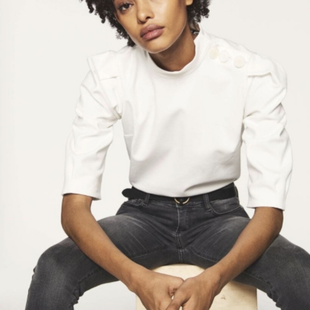ba&sh White Button-Shoulder Three-Quarter Sleeve Top